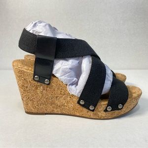 Lucky Brand LP- Marla Platform Cork Wedge Slip On Sandal BLK Canvas; Women's 7M
